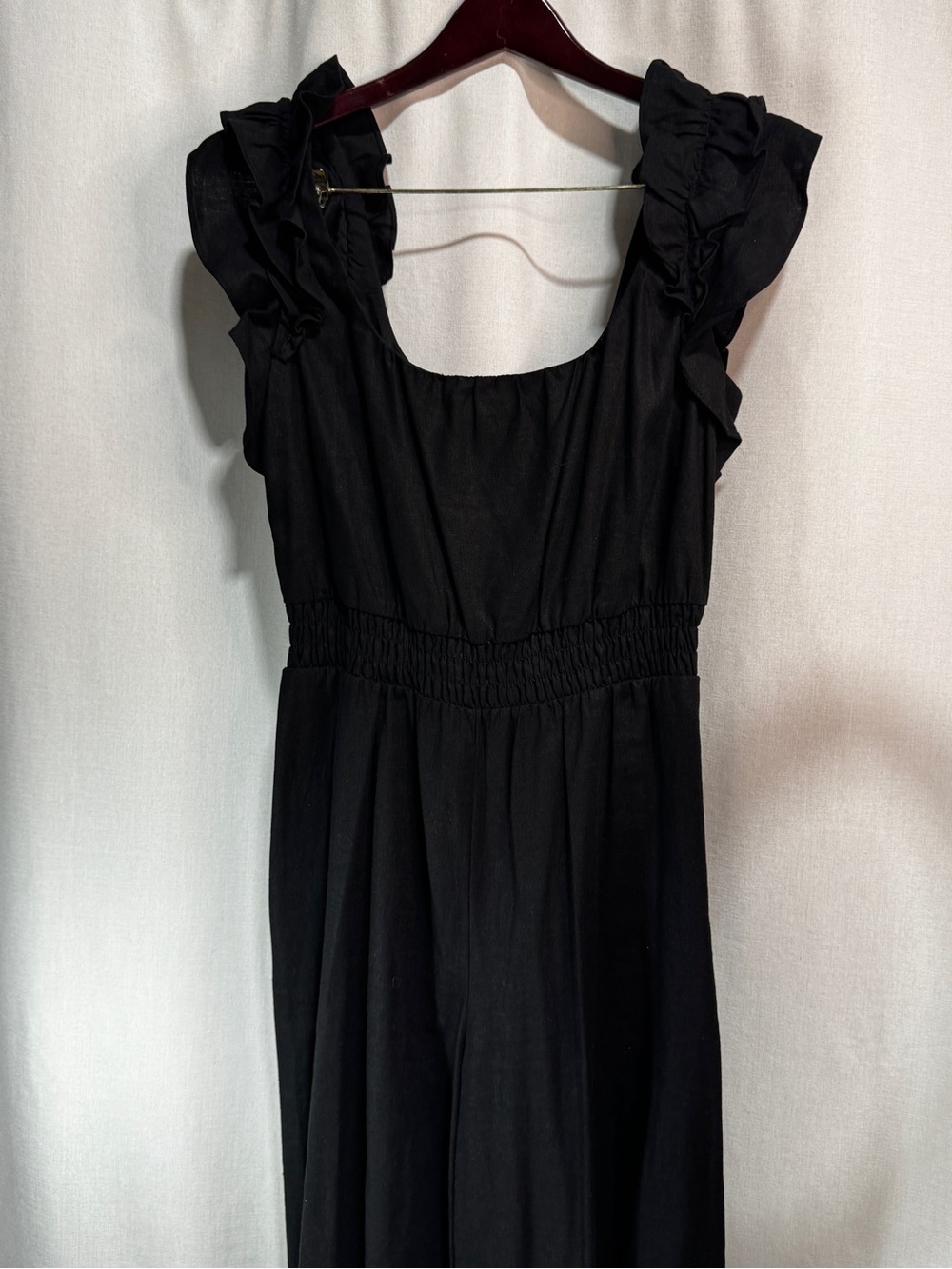 Vince Camuto Black Linen Blend Wide-Leg Jumpsuit Ruffle Sleeve Pockets Size 10